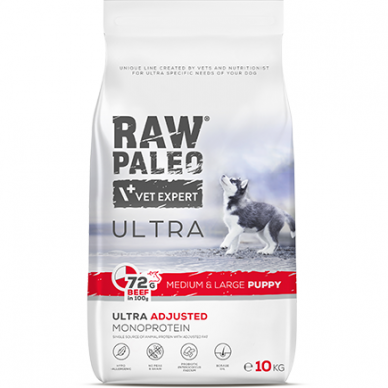 Raw Paleo Ultra Puppy Medium/Large Beef sausas maistas jauniems vidutinių/didelių veislių šuniukams su jautiena 10kg 1