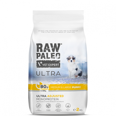 Raw Paleo Ultra Puppy Medium/Large Turkey sausas maistas jauniems vidutinių/didelių veislių šuniukams su kalakutiena 10kg 1